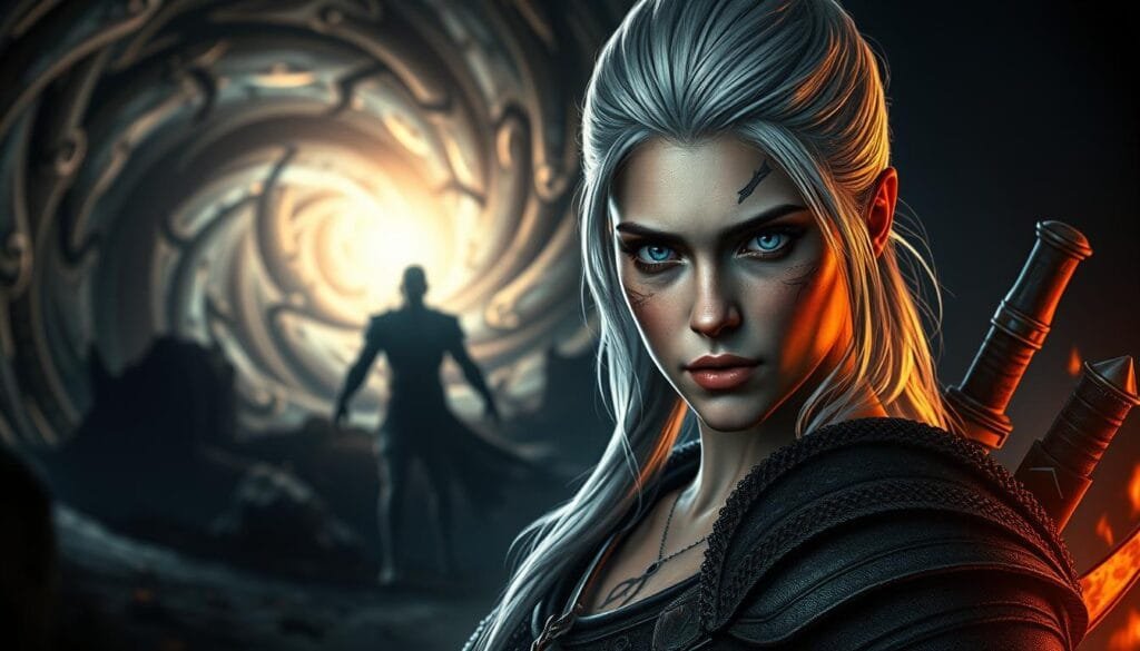 A striking digital portrait of Ciri, the fierce and enigmatic protagonist of The Witcher series. In the foreground, her piercing gaze commands attention, her features rendered with a photorealistic level of detail. Intricate tattoos adorn her skin, hinting at her mystical powers. The middle ground showcases her signature white hair and battle-worn armor, casting an imposing silhouette. In the background, a swirling vortex of energy and light suggests the otherworldly realms she traverses, blending fantasy and realism. Dramatic shadows and dramatic lighting lend an atmospheric, cinematic quality to the scene, capturing the intensity and complexity of Ciri's character.