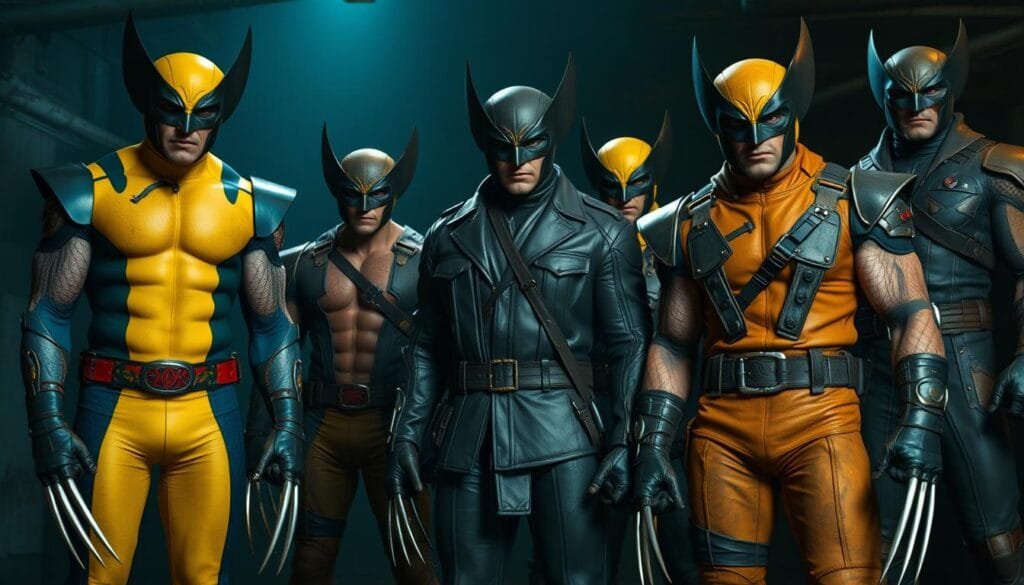 A striking ensemble of Wolverine's signature battle-worn costumes, meticulously crafted with intricate details. The foreground showcases a variety of his iconic outfits, from the classic yellow and blue spandex to the rugged leather and metal X-Force attire. In the middle ground, the worn and weathered textures of the costumes are highlighted, capturing the character's gritty and ferocious nature. The background depicts a dimly lit, industrial setting, with shadows and highlights that cast an ominous and moody atmosphere, evoking the dark and intense world of the Marvel antihero. Cinematic lighting and a high-resolution, photorealistic style bring these Wolverine trajes to life with stunning realism.