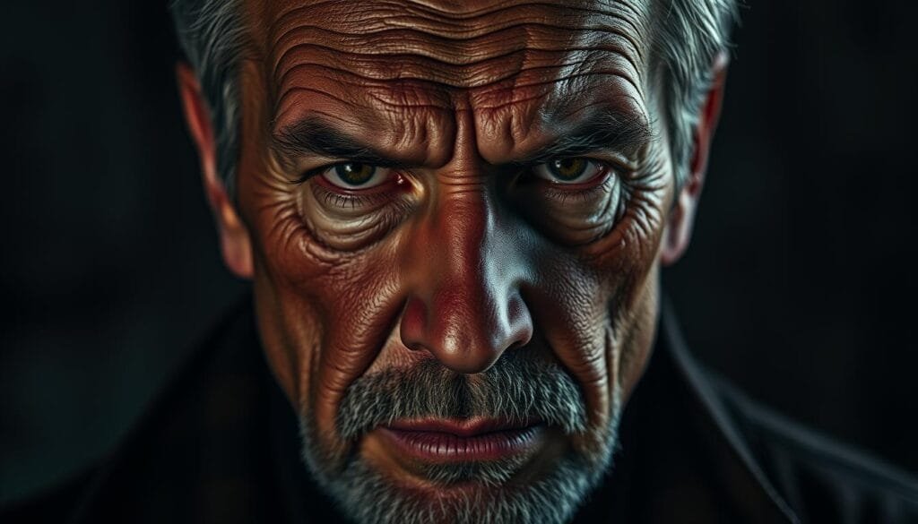 A striking, highly detailed photorealistic portrait of a pensive, middle-aged man with intense, piercing eyes and a rugged, weathered face, captured in dramatic chiaroscuro lighting. The subject's features are rendered with painstaking realism, from the intricate texture of his skin to the subtle lines and wrinkles that tell the story of his life experiences. The lighting is dramatic, with deep shadows and highlights that sculpt the face, creating a sense of depth and dimension. The background is blurred and out of focus, drawing the viewer's attention solely to the captivating portrait. The overall mood is one of introspection and quiet strength, reflecting the subject's inner world.