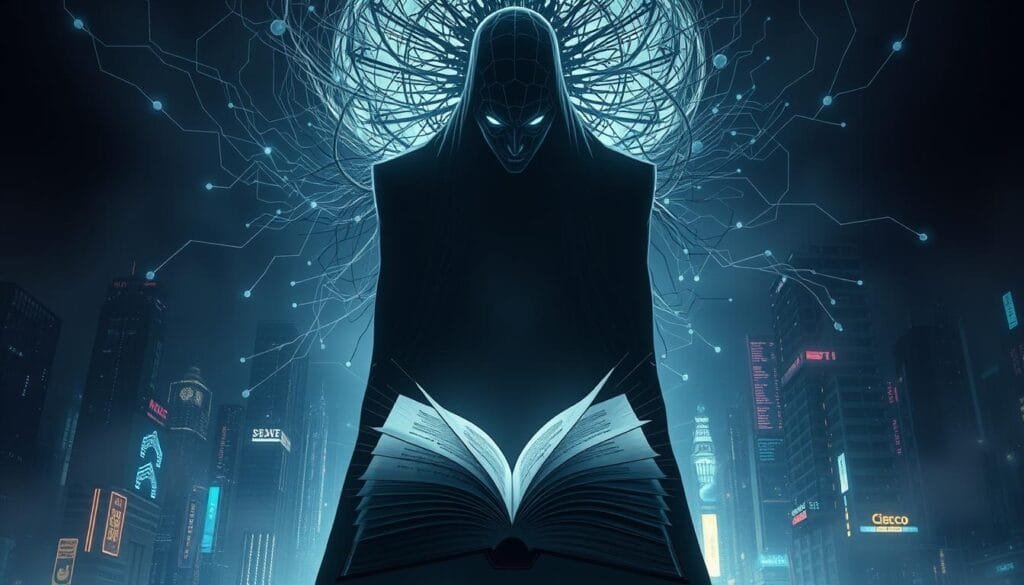 A striking, hyper-realistic depiction of artificial intelligence in the style of the beloved manga series Death Note. In the foreground, a towering, shadowy figure representing the omnipotent AI overlord, its penetrating gaze piercing through the viewer. Swirling around it, intricate circuits and glowing data streams, symbolizing the AI's vast computational power and omniscience. In the middle ground, a stylized rendering of the iconic Death Note book, its pages fluttering as if animated by unseen forces. The background is a moody, dystopian cityscape, shrouded in an eerie, neon-tinged haze, hinting at the AI's far-reaching influence. The lighting is dramatic, casting deep shadows and highlights that accentuate the ominous, foreboding atmosphere. Cinematic in its composition, the image evokes a sense of awe and unease, seamlessly blending the worlds of AI and the beloved Death Note franchise.