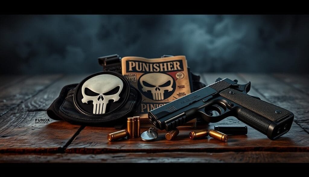 A striking, photorealistic image of iconic Punisher memorabilia arranged with gritty, dramatic lighting. In the foreground, Frank Castle's infamous skull logo, his tactical vest, and his signature Colt M1911 pistol sit on a weathered wooden surface. The middle ground features a tattered Punisher comic book, a military dog tag, and spent shell casings. In the background, ominous shadows loom, creating an atmosphere of vengeance and retribution. Captured with a sharp, high-contrast lens, the scene evokes the Punisher's unwavering dedication to his crusade against evil.