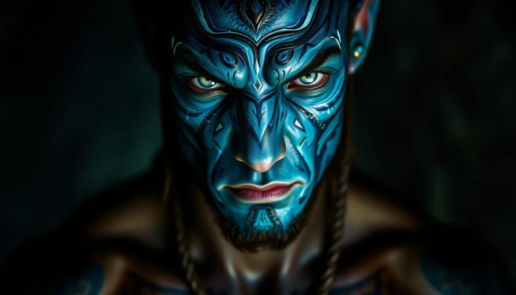 A striking portrait of Jake Sully, the Na'vi protagonist of Avatar: The Way of Water. The image captures his rugged features in dramatic chiaroscuro lighting, casting deep shadows across his weathered face. His piercing blue eyes gaze intently, conveying a sense of determination and unwavering focus. In the middle ground, his muscular torso is partially obscured by intricate tribal tattoos, while the background is blurred, hinting at the lush, alien landscape of Pandora. The overall tone is one of intensity and quiet power, befitting the character's role as a fierce defender of his people.