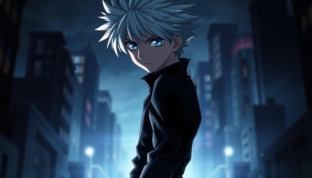 A striking portrait of Killua Zoldyck, the young assassin from the acclaimed anime series Hunter x Hunter. Killua stands in a dramatic three-quarter pose, his piercing blue eyes and silver hair framed by a moody, chiaroscuro lighting. The background is a blurred, atmospheric cityscape, hinting at the dark, mysterious world of the Zoldyck family. Killua's slender yet athletic build is captured in vivid detail, his hands poised and ready for action. The overall mood is one of power, confidence, and a hint of danger - reflecting Killua's complex character and the captivating world of Hunter x Hunter.