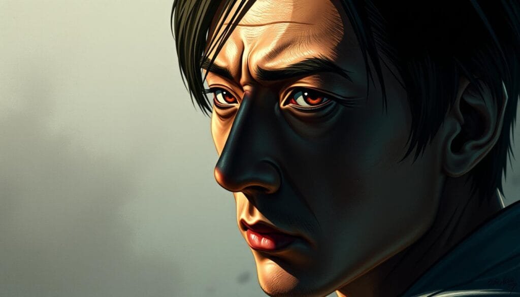 A striking portrait of Takemichi Hanagaki, the protagonist of Tokyo Revengers, depicted with unwavering determination in his gaze. Set against a muted, slightly blurred background that hints at the gritty urban landscape of Tokyo, Takemichi's face is rendered in sharp, photorealistic detail. Dramatic side lighting casts deep shadows, accentuating the sharp angles of his features and the resolve etched upon his brow. The composition places Takemichi in a three-quarter view, his head slightly tilted, capturing a sense of dynamic movement and intensity. The overall mood is one of intensity, focus, and the weight of Takemichi's pivotal role in the story, conveying the essence of this complex and compelling character.