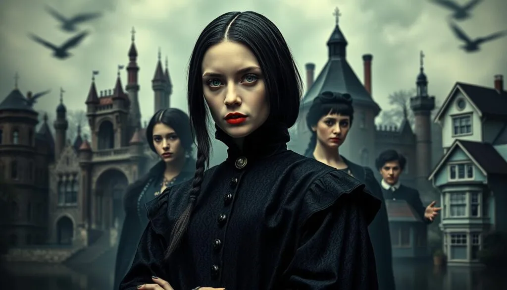 A striking portrait of Wednesday Addams, known as Merlina, in various historical eras. In the foreground, she stands tall and resolute, her raven hair and pale features contrasting against the rich, textured fabrics of her garments. The middle ground reveals the specific time periods, each with its own distinct architectural and cultural elements - medieval castles, Victorian manors, mid-century suburban homes. The background is a dreamlike tapestry of muted tones and shadowy silhouettes, evoking a sense of the supernatural and the macabre. The lighting is dramatic, with chiaroscuro effects casting dramatic shadows and highlights on Merlina's face, capturing her enigmatic expression. The overall composition is balanced and visually compelling, inviting the viewer to explore the various eras and imagine Merlina's enduring presence throughout history.