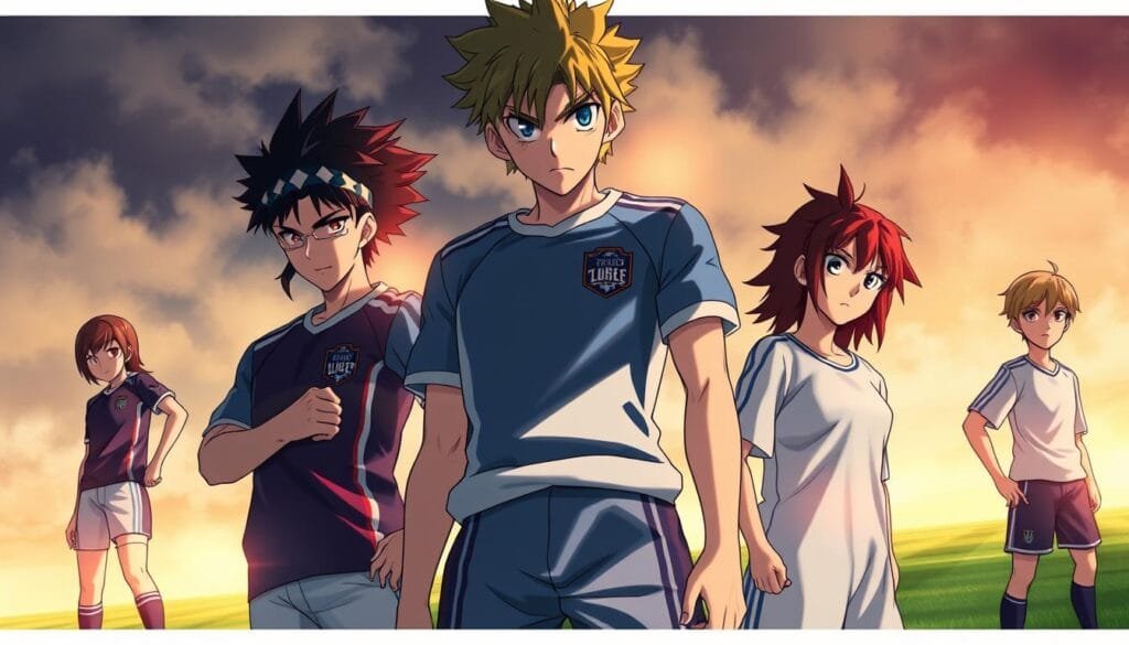 A striking portrait of the protagonists from the anime series Blue Lock, rendered in a vibrant, dynamic style. In the foreground, the team's star player stands tall, their intense gaze and athletic physique capturing the competitive spirit of the series. The middle ground features the supporting cast, each character's unique personality and soccer skills shining through. The background is a hazy, abstract field, evoking the high-stakes matches and strategic gameplay that define Blue Lock. Warm lighting casts dramatic shadows, emphasizing the characters' determination and sense of purpose. The overall composition conveys the series' themes of individual excellence, team dynamics, and the pursuit of glory on the soccer pitch. A striking portrait of the protagonists from the anime series Blue Lock, rendered in a vibrant, dynamic style. In the foreground, the team's star player stands tall, their intense gaze and athletic physique capturing the competitive spirit of the series. The middle ground features the supporting cast, each character's unique personality and soccer skills shining through. The background is a hazy, abstract field, evoking the high-stakes matches and strategic gameplay that define Blue Lock. Warm lighting casts dramatic shadows, emphasizing the characters' determination and sense of purpose. The overall composition conveys the series' themes of individual excellence, team dynamics, and the pursuit of glory on the soccer pitch.