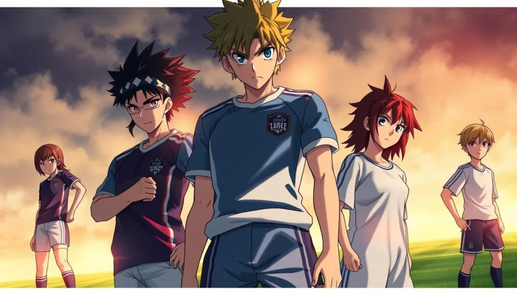 A striking portrait of the protagonists from the anime series Blue Lock, rendered in a vibrant, dynamic style. In the foreground, the team's star player stands tall, their intense gaze and athletic physique capturing the competitive spirit of the series. The middle ground features the supporting cast, each character's unique personality and soccer skills shining through. The background is a hazy, abstract field, evoking the high-stakes matches and strategic gameplay that define Blue Lock. Warm lighting casts dramatic shadows, emphasizing the characters' determination and sense of purpose. The overall composition conveys the series' themes of individual excellence, team dynamics, and the pursuit of glory on the soccer pitch.