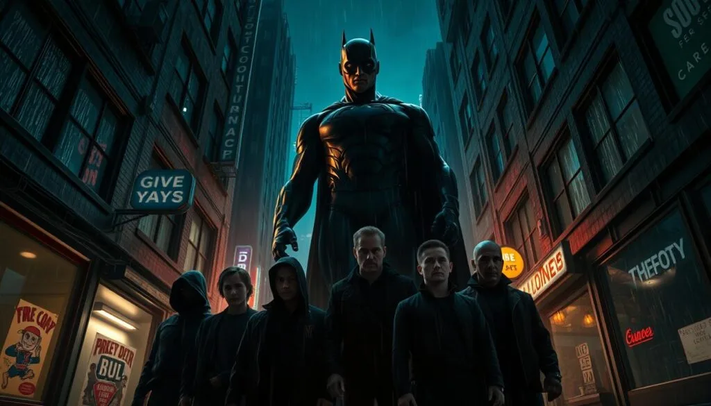 A striking scene from the gritty superhero series The Boys, set in a dimly lit urban alleyway. In the foreground, a group of the show's antihero vigilantes stand defiantly, their faces obscured by shadows and rain. In the middle ground, the towering silhouette of a corrupt superhero looms ominously, casting an imposing presence. The background is a detailed cityscape, with neon signs flickering and rain streaking down grimy windows, creating a moody, neon-drenched atmosphere. The lighting is high-contrast, with deep shadows and dramatic highlights, evoking the dark and morally ambiguous tone of the series. The camera angle is low and dramatic, emphasizing the power dynamics at play. An iconic and visceral representation of the show's themes of corruption, subversion of authority, and the gritty realities of the superhero genre.