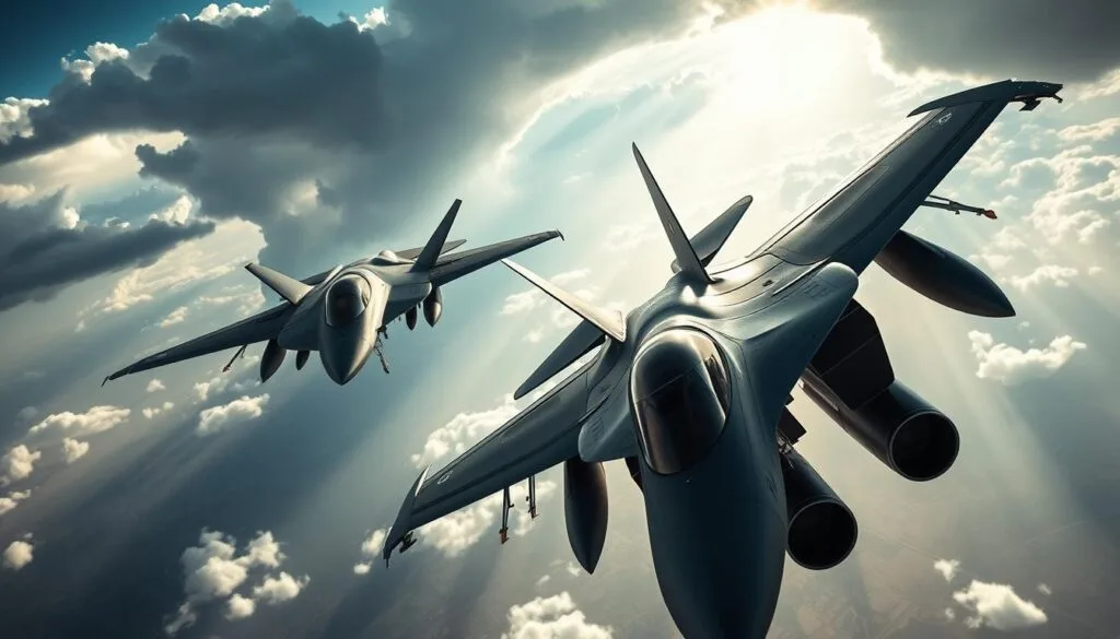 A stunning aerial scene showcasing the majestic F/A-18 Super Hornet in the foreground, its sleek wings and powerful engines commanding attention. In the middle ground, the enigmatic Darkstar gleams, its futuristic silhouette hinting at the cutting-edge technology that propels it. The background features a sprawling, awe-inspiring landscape, with dramatic clouds and rays of sunlight filtering through, creating a cinematic atmosphere. The image is captured with a wide-angle lens, emphasizing the scale and power of these two iconic aircraft, masterfully lit to highlight their dynamic forms and metallic finishes. The overall mood is one of awe, excitement, and a sense of boundless possibilities in the realm of military aviation.