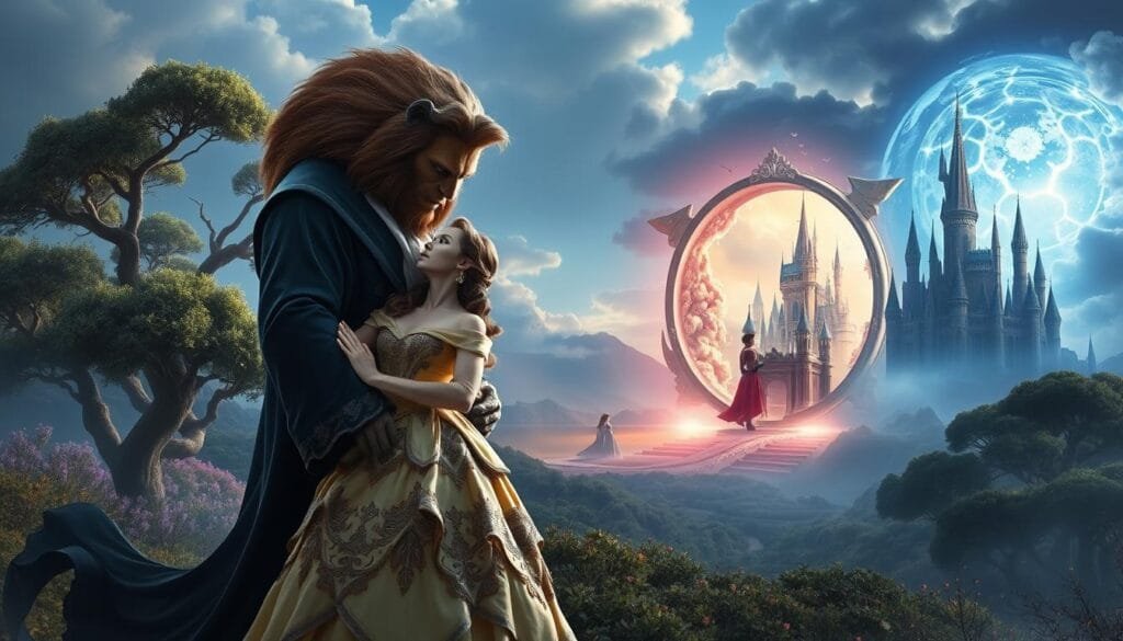 A stunning and fantastical scene of "Beauty and the Beast" in diverse eras and fantasy realms. In the foreground, a graceful Belle in an ornate, vintage-inspired gown stands beside a majestic, beast-like figure cloaked in a flowing robe, their eyes locked in a captivating gaze. The middle ground features a lush, otherworldly landscape, with towering, ethereal trees and glowing, mystical flora. In the background, portals to alternate dimensions open, revealing glimpses of the pair in distinct settings - from a futuristic, neon-lit cityscape to a fairytale castle among swirling clouds. Dramatic lighting casts dramatic shadows, imbuing the scene with a sense of wonder and enchantment. Masterfully blending classic and contemporary elements, this image evokes the timeless romance and fantastical nature of "Beauty and the Beast" across space and time.