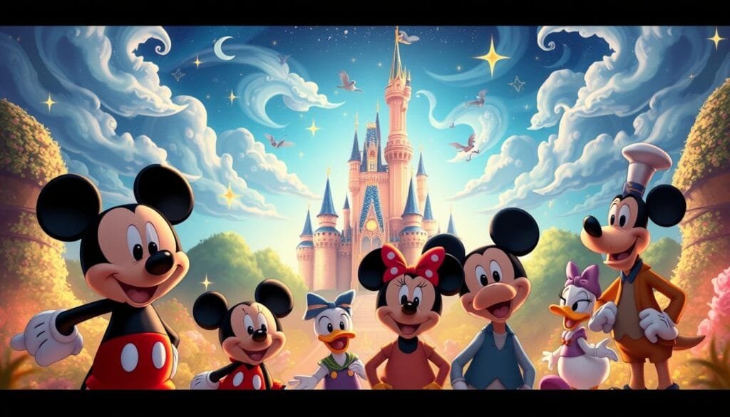 A stunning and whimsical illustration of "Prompts de Midjourney para Disney" showcasing a vibrant and fantastical world. In the foreground, a collection of playful Disney characters - Mickey, Minnie, Donald, Daisy, and Goofy - are gathered, their expressions animated and joyful. The middle ground features a magical castle, its towers and turrets shimmering with a soft, ethereal glow. In the background, a lush, dreamlike landscape unfolds, with swirling clouds, twinkling stars, and a warm, golden light suffusing the scene. The composition is balanced and harmonious, capturing the wonder and imagination of Disney's iconic universe. Soft, diffused lighting casts a warm, enchanting mood, while the camera angle provides a sense of depth and scale. The overall effect is a captivating and immersive visual experience that perfectly encapsulates the "Prompts de Midjourney para Disney" concept.