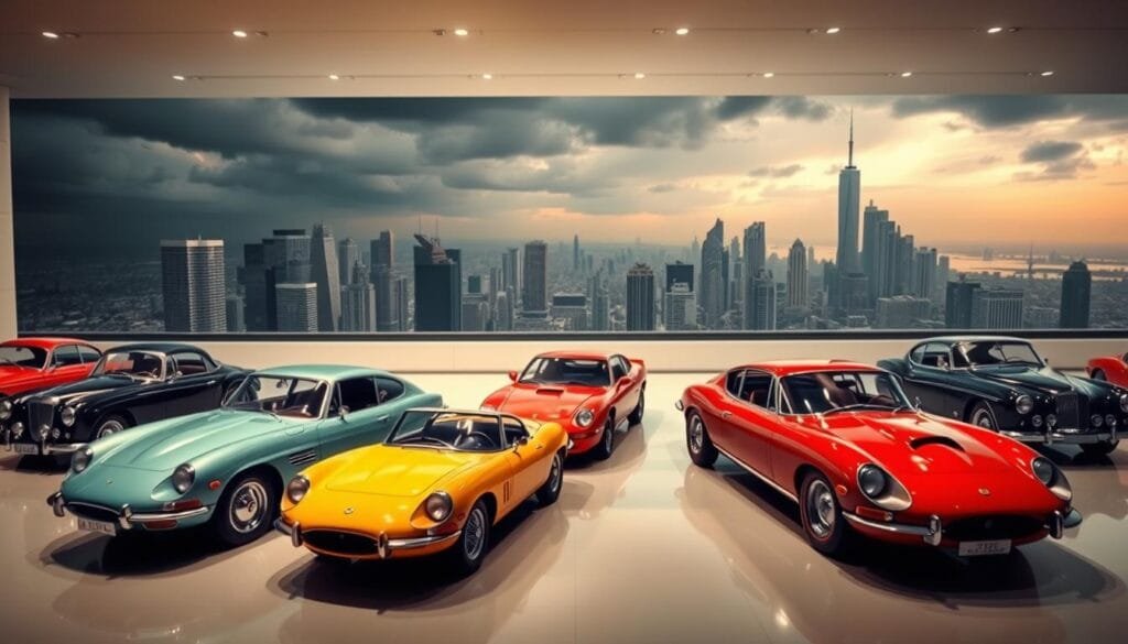 A stunning automotive collection displayed against a sleek, modern backdrop. In the foreground, a lineup of gleaming classic cars, each meticulously detailed with vibrant colors and polished chrome accents. The midground features a minimalist gallery space with clean, white walls, allowing the vehicles to take center stage. In the background, a breathtaking cityscape with towering skyscrapers and a dramatic, moody sky, creating a sense of urban sophistication. Warm, directional lighting casts dramatic shadows, highlighting the curves and contours of the cars. The overall atmosphere exudes a perfect balance of vintage charm and contemporary elegance, reflecting the definitive collection of automotive prompts.