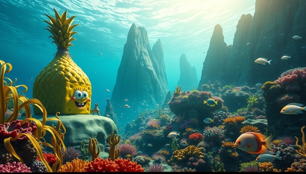 A stunning, cinematic scene of the underwater city of Bikini Bottom, teeming with life and vibrancy. In the foreground, the iconic pineapple house of SpongeBob SquarePants stands tall, its warm yellow hues reflecting off the crystal-clear waters. The middle ground is filled with swaying seaweed, colorful coral reefs, and schools of tropical fish darting through the currents. In the background, the towering volcanic rock formations of Bikini Atoll rise majestically, casting dramatic shadows over the landscape. The lighting is soft and diffused, creating a serene, dreamlike atmosphere, as if captured through the lens of an underwater cinematographer. The overall mood is one of whimsical wonder, perfectly capturing the essence of the beloved cartoon world.