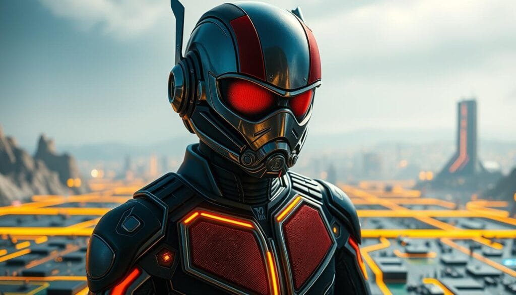 A stunning close-up of Ant-Man, standing tall amidst a meticulously detailed landscape of circuit boards, microchips, and glowing neon lines. The hero's iconic helmet reflects the vibrant colors, casting a warm glow across the futuristic scene. In the background, a vast expanse of sleek, high-tech architecture stretches into the distance, creating a sense of depth and scale. Bright, diffused lighting illuminates the frame, casting dramatic shadows and highlighting the intricate textures of the technological environment. The overall atmosphere is one of technological wonder and the power of innovation, perfectly capturing the essence of Ant-Man's world.