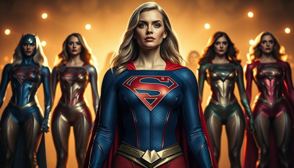 A stunning collection of Supergirl's trajes and versions, captured in a dramatic, cinematic style. In the foreground, the iconic Supergirl costume in a vibrant blue and red hue, its bold insignia emblazoned on the chest, radiating an aura of power and heroism. In the middle ground, a series of alternate Supergirl designs, each with unique details and variations, showcasing the character's rich and diverse visual history. The background is bathed in a warm, golden light, creating a sense of grandeur and an otherworldly atmosphere, as if the viewer is witnessing a superhero spectacle. The image is shot from a low angle, emphasizing the heroic and larger-than-life nature of the subject matter, and using a shallow depth of field to draw the eye to the central Supergirl costume.