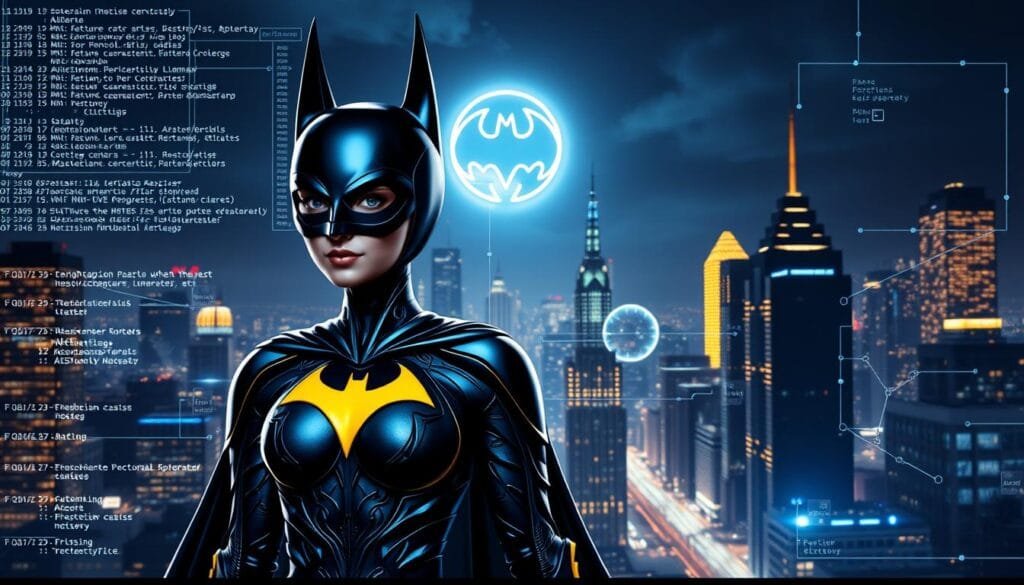 A stunning digital illustration of AI platforms for generating Batgirl images. In the foreground, the sleek and futuristic interface of a state-of-the-art image generation platform, showcasing a vivid, detailed render of the iconic Batgirl character. The middle ground features various AI models and algorithms working in harmony, their lines of code and neural networks creating the intricate details of Batgirl's costume and surroundings. In the background, a cityscape of Gotham City at night, with the Bat-Signal shining brightly in the sky, casting an atmospheric glow over the scene. The image conveys a sense of technological prowess, creativity, and the power of AI to bring beloved comic book characters to life with stunning realism.