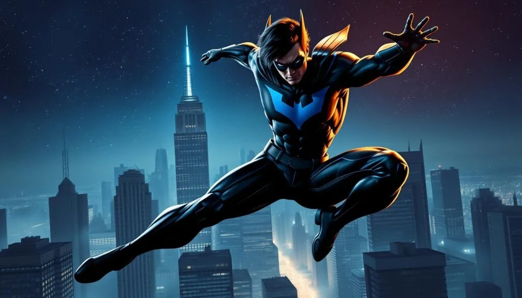 A stunning digital illustration of Nightwing, the acrobatic vigilante from the DC universe. Depicted in a dynamic, action-packed pose, Nightwing leaps through the night sky, his signature blue emblem emblazoned across his chest. The foreground is illuminated by a dramatic, cinematic lighting setup, casting deep shadows and highlights that accentuate the hero's chiseled physique and nimble movements. The middle ground features a gritty, urban backdrop of Gotham City's towering skyscrapers, their silhouettes shrouded in a hazy, atmospheric mist. In the background, a starry night sky provides a sense of scale and grandeur, creating a captivating, otherworldly ambiance. The overall aesthetic is a seamless blend of realism and comic book stylization, capturing the essence of Nightwing's complex and captivating character.