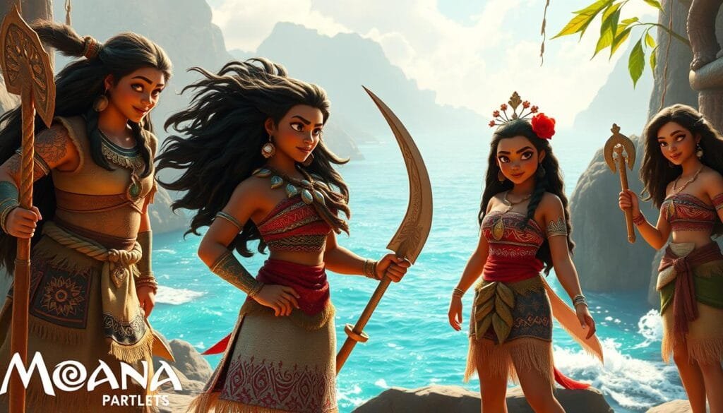 A stunning, fantastical depiction of Moana in alternative versions, set against a breathtaking backdrop. Moana, the spirited Polynesian voyager, is portrayed in various imaginative guises - perhaps as a fierce warrior, a wise shaman, or a mythical sea goddess. The image should capture a sense of cultural richness, with vibrant colors, intricate patterns, and traditional Oceanic motifs woven throughout the composition. Lighting should be dramatic, casting a warm, ethereal glow over the scene, while the camera angle should be slightly elevated, giving a sense of grandeur and scale. The overall mood should be one of wonder, mysticism, and a celebration of Moana's multifaceted character and the boundless potential of her story. A stunning, fantastical depiction of Moana in alternative versions, set against a breathtaking backdrop. Moana, the spirited Polynesian voyager, is portrayed in various imaginative guises - perhaps as a fierce warrior, a wise shaman, or a mythical sea goddess. The image should capture a sense of cultural richness, with vibrant colors, intricate patterns, and traditional Oceanic motifs woven throughout the composition. Lighting should be dramatic, casting a warm, ethereal glow over the scene, while the camera angle should be slightly elevated, giving a sense of grandeur and scale. The overall mood should be one of wonder, mysticism, and a celebration of Moana's multifaceted character and the boundless potential of her story.