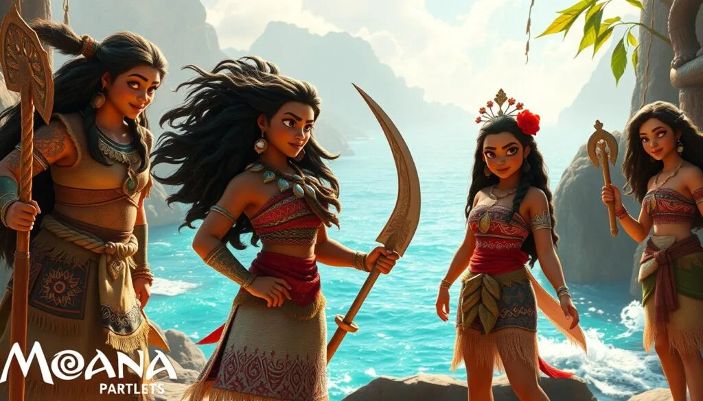 A stunning, fantastical depiction of Moana in alternative versions, set against a breathtaking backdrop. Moana, the spirited Polynesian voyager, is portrayed in various imaginative guises - perhaps as a fierce warrior, a wise shaman, or a mythical sea goddess. The image should capture a sense of cultural richness, with vibrant colors, intricate patterns, and traditional Oceanic motifs woven throughout the composition. Lighting should be dramatic, casting a warm, ethereal glow over the scene, while the camera angle should be slightly elevated, giving a sense of grandeur and scale. The overall mood should be one of wonder, mysticism, and a celebration of Moana's multifaceted character and the boundless potential of her story. A stunning, fantastical depiction of Moana in alternative versions, set against a breathtaking backdrop. Moana, the spirited Polynesian voyager, is portrayed in various imaginative guises - perhaps as a fierce warrior, a wise shaman, or a mythical sea goddess. The image should capture a sense of cultural richness, with vibrant colors, intricate patterns, and traditional Oceanic motifs woven throughout the composition. Lighting should be dramatic, casting a warm, ethereal glow over the scene, while the camera angle should be slightly elevated, giving a sense of grandeur and scale. The overall mood should be one of wonder, mysticism, and a celebration of Moana's multifaceted character and the boundless potential of her story.