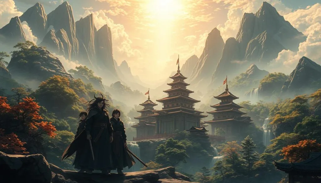 A stunning, hyper-realistic anime-inspired landscape set in a mysterious, otherworldly realm. Sweeping vistas of towering mountains, cascading waterfalls, and lush, vibrant forests create a captivating, immersive environment. Soft, diffused lighting bathes the scene in a warm, golden glow, accentuating the intricate details of the characters and environment. In the foreground, a group of powerful, enigmatic figures stand resolute, their expressions and poses conveying a sense of gravitas and determination. The middle ground features intricate architectural structures, ornate and mystical, blending seamlessly with the natural surroundings. In the background, a shimmering, ethereal sky sets the mood, hinting at the extraordinary and fantastical nature of this world. Masterfully blending realism and the aesthetic of Japanese anime, this image perfectly captures the essence of the Jujutsu Kaisen universe.