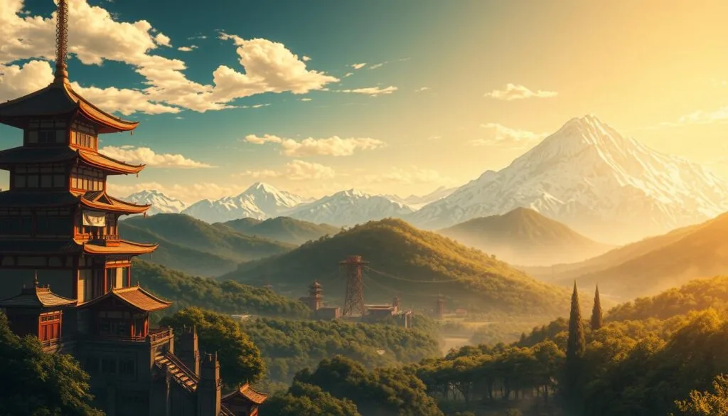 A stunning landscape from the captivating world of Bleach, bathed in a warm, golden glow. In the foreground, the distinctive architecture of the Seireitei, the central hub of the Soul Society, stands tall and imposing. Wispy clouds drift across the sky, casting subtle shadows over the scene. In the middle ground, the lush and verdant forests of the Rukongai district stretch out, hinting at the diverse realms that exist within the Bleach universe. The background is dominated by the towering, snow-capped mountains that border the Soul Society, their peaks glimmering in the soft, ambient light. An air of tranquility and wonder permeates the scene, inviting the viewer to explore the rich and immersive world of Bleach.