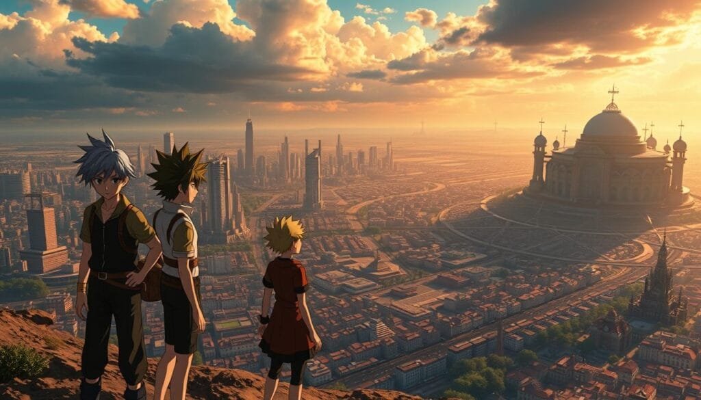 A stunning landscape from the captivating world of Hunter x Hunter, bathed in a warm, golden glow. In the foreground, the iconic characters Gon, Killua, Kurapika, and Leorio stand tall, their expressions determined and resolute. The middle ground reveals the sprawling Yorknew City, its towering skyscrapers and bustling streets rendered in intricate detail. In the distance, the majestic silhouettes of the Zoldyck Family's estate and the ominous Heavens Arena loom, hinting at the extraordinary adventures and challenges that await. The scene is imbued with a sense of wonder, adventure, and the boundless potential of the Hunter x Hunter universe, captured through a cinematic, high-quality lens.