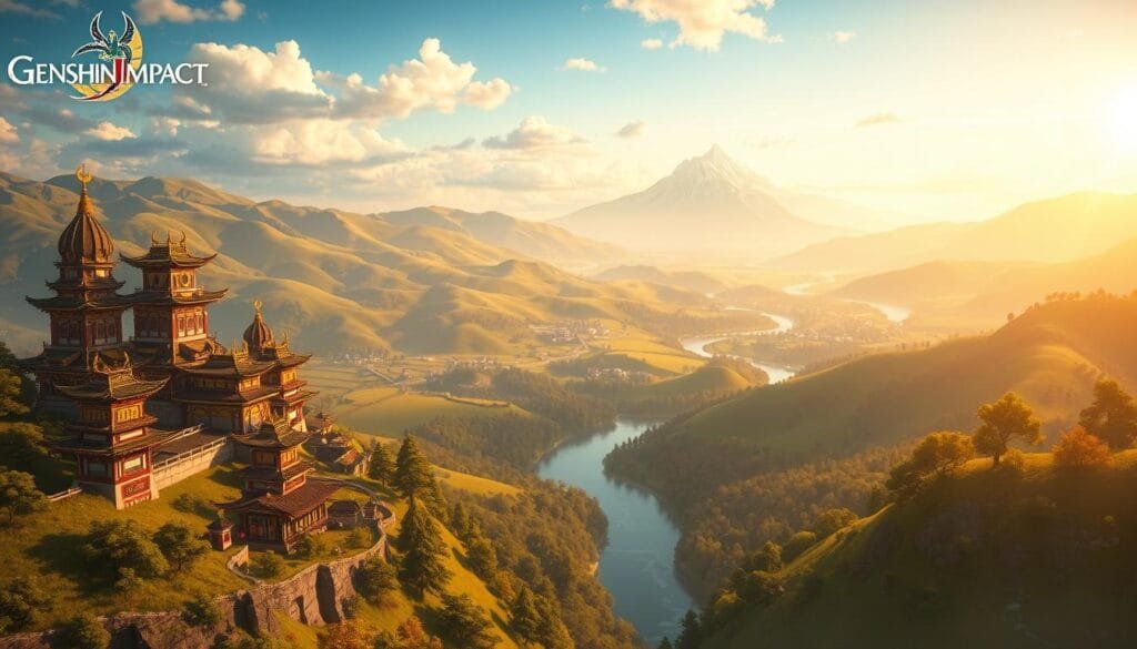 A stunning landscape from the world of Genshin Impact, showcasing the game's breathtaking art style. In the foreground, intricate and colorful architecture rises against a backdrop of lush, verdant hills and valleys. Warm, golden sunlight bathes the scene, casting soft shadows and highlights that accentuate the detailed textures of the buildings. In the middle ground, a winding river cuts through the landscape, its surface reflecting the vibrant hues of the surroundings. In the distance, majestic, snow-capped mountains pierce the horizon, creating a sense of depth and scale. The overall atmosphere is one of serene, dreamlike beauty, capturing the essence of the Genshin Impact universe.