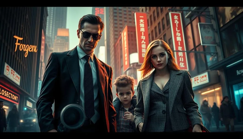 A stunning spy-themed scene with the Forger family in the heart of a bustling city, captured through the lens of an advanced AI. In the foreground, the skilled and enigmatic Loid Forger, dressed in a tailored suit, exudes an air of mystery and purpose. Beside him, the charming Yor Forger, a lethal assassin in disguise, scans the crowd with keen eyes. In the middle ground, their precocious daughter Anya, a telepath in training, navigates the busy streets with a playful yet observant demeanor. The background is a vibrant tapestry of towering skyscrapers, neon-lit alleyways, and the subtle presence of surveillance cameras, hinting at the intricate web of espionage that surrounds the Forger family. The lighting is a captivating blend of soft, warm tones and the cool, steely hues of technology, creating an atmosphere of intrigue and high-stakes adventure. A stunning spy-themed scene with the Forger family in the heart of a bustling city, captured through the lens of an advanced AI. In the foreground, the skilled and enigmatic Loid Forger, dressed in a tailored suit, exudes an air of mystery and purpose. Beside him, the charming Yor Forger, a lethal assassin in disguise, scans the crowd with keen eyes. In the middle ground, their precocious daughter Anya, a telepath in training, navigates the busy streets with a playful yet observant demeanor. The background is a vibrant tapestry of towering skyscrapers, neon-lit alleyways, and the subtle presence of surveillance cameras, hinting at the intricate web of espionage that surrounds the Forger family. The lighting is a captivating blend of soft, warm tones and the cool, steely hues of technology, creating an atmosphere of intrigue and high-stakes adventure.