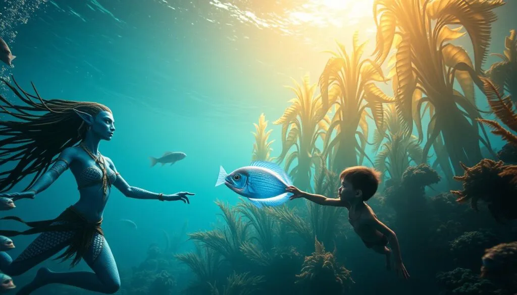 A stunning underwater world, brimming with new characters from the highly anticipated "Avatar: The Way of Water" film. In the foreground, an elegant Na'vi warrior gracefully navigates the cerulean depths, their flowing hair and vibrant blue skin contrasting with the iridescent scales of the majestic sea creatures surrounding them. In the middle ground, a curious young Na'vi child reaches out to a gentle, glowing alien fish, its translucent fins casting a mesmerizing glow. In the background, towering, alien kelp forests sway in the current, bathed in a warm, golden light that filters through the water's surface. The scene exudes a sense of wonder, discovery, and the harmonious coexistence of the Na'vi with the extraordinary marine life of Pandora.