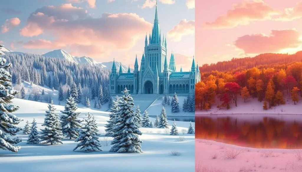 A stunning winter landscape, featuring Elsa's majestic ice palace towering in the foreground, its crystalline structure glistening under a soft, ethereal light. In the middle ground, the frozen landscape is blanketed in a pristine layer of snow, with frosty pine trees casting long shadows. As the seasons change, the scene transitions to a vibrant springtime, with blooming flowers and a lush, verdant forest in the background. In the autumn, the trees are ablaze with a riot of warm hues, while in the summer, the palace is surrounded by a tranquil lake, its mirror-like surface reflecting the azure sky above. Throughout the four seasons, Elsa's enchanting creation stands as a testament to the ever-changing beauty of nature.