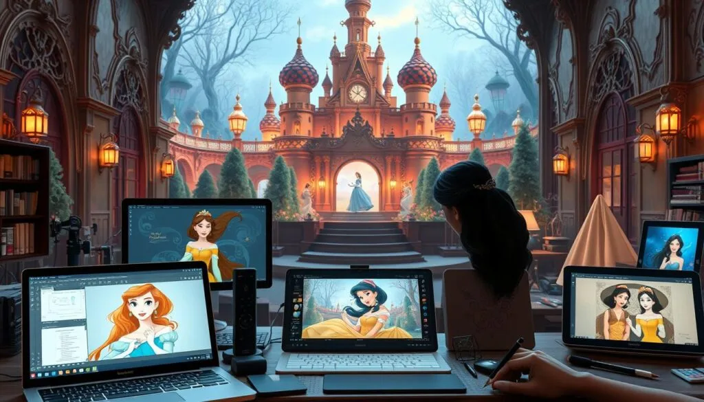 A stunningly detailed scene depicting the tools and technologies used to generate stunning digital illustrations of classic Disney princesses. In the foreground, an array of AI-powered image editing software and creative suites are prominently displayed, their interfaces illuminated by soft, warm lighting. In the middle ground, various input devices such as digital drawing tablets and styluses are arranged, ready to bring the princesses to life. The background features a whimsical, fairytale-inspired setting, with ornate architectural elements and a hint of enchanted forests in the distance, creating an atmosphere of magic and wonder. The overall composition conveys a sense of creativity, innovation, and the seamless convergence of technology and imagination. A stunningly detailed scene depicting the tools and technologies used to generate stunning digital illustrations of classic Disney princesses. In the foreground, an array of AI-powered image editing software and creative suites are prominently displayed, their interfaces illuminated by soft, warm lighting. In the middle ground, various input devices such as digital drawing tablets and styluses are arranged, ready to bring the princesses to life. The background features a whimsical, fairytale-inspired setting, with ornate architectural elements and a hint of enchanted forests in the distance, creating an atmosphere of magic and wonder. The overall composition conveys a sense of creativity, innovation, and the seamless convergence of technology and imagination.