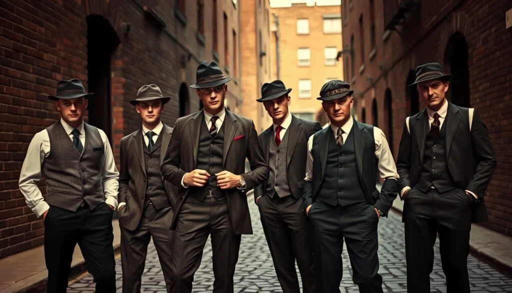 A stylish group of men in classic 1920s British fashion, dressed in tailored suits, waistcoats, and flat caps, standing confidently against a gritty urban backdrop of brick walls and cobblestone streets. Warm lighting casts dramatic shadows, highlighting the sharp lines of their attire and the determined expressions on their faces. The scene exudes an air of understated elegance and the unapologetic confidence of the Peaky Blinders gang, capturing the essence of their distinctive "moda" style.
