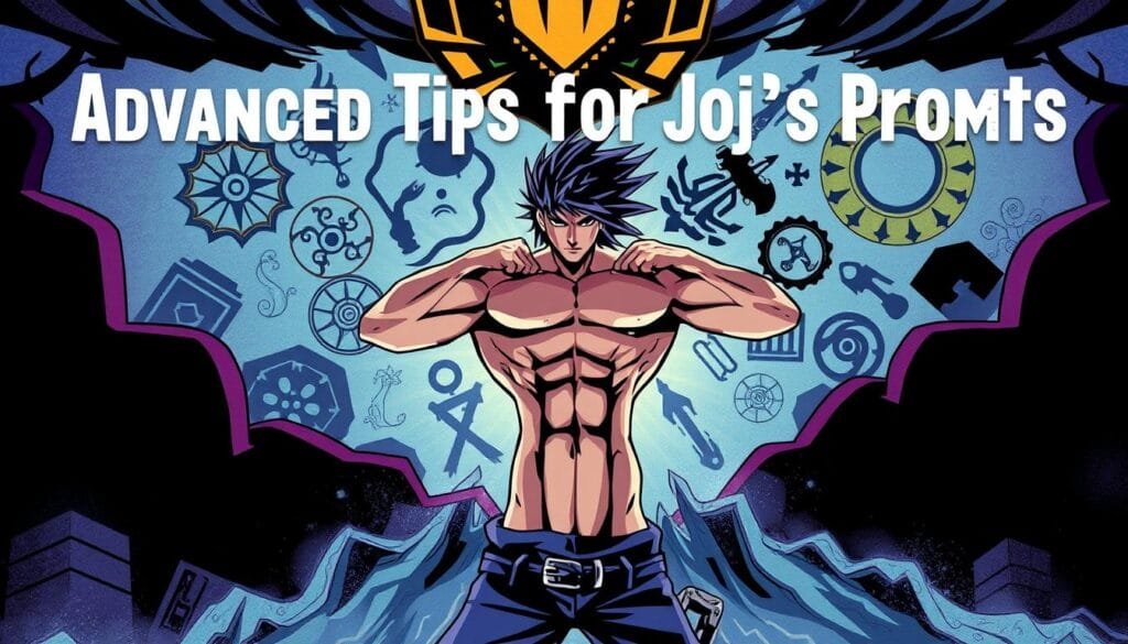 A stylized and dynamic illustration depicting "Advanced Tips for JoJo's Prompts". In the foreground, a JoJo character in a powerful, heroic pose, with distinct anatomical features and dramatic lighting. The middle ground features various abstract shapes and visual elements inspired by the JoJo series, such as decorative patterns, dynamic lines, and symbolic motifs. The background contains a moody, cinematic environment with deep shadows, vibrant colors, and a sense of movement, echoing the intense and fantastical nature of the JoJo universe. The entire composition conveys a bold, confident, and visually captivating aesthetic that encapsulates the essence of crafting compelling prompts for JoJo's Bizarre Adventure.
