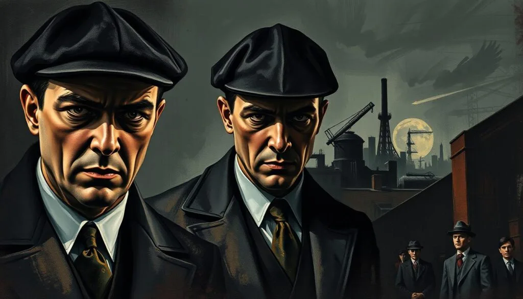 A stylized portrayal of the Peaky Blinders gang in various artistic mediums. A gritty, textured foreground depicts the brooding, intense faces of the Shelby brothers, their newsboy caps and sharp suits casting dramatic shadows. The middle ground showcases fluid, expressive brushstrokes in the style of Expressionism, capturing the tension and volatility of 1919 Birmingham. In the moody background, architectural elements evoke the industrial cityscape, rendered in the bold, geometric style of Cubism. Dramatic chiaroscuro lighting casts an ominous, enigmatic atmosphere, reflecting the dangerous, unpredictable nature of the Peaky Blinders.