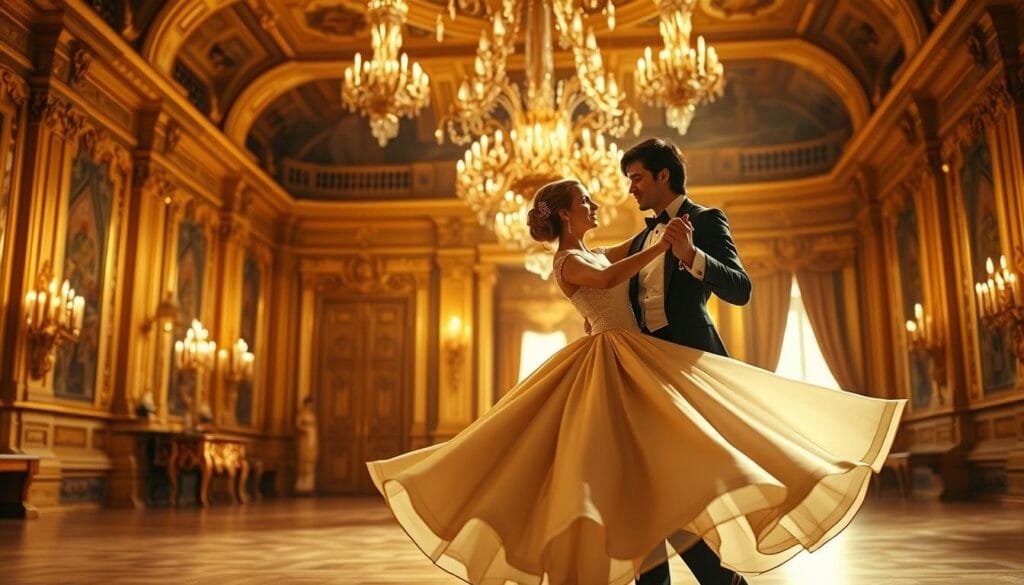 A sumptuous golden ballroom, its opulent decor and gilded chandeliers casting a warm, romantic glow. In the center, a graceful waltz unfolds, the prince and princess twirling in a fluid, intimate dance, their flowing ballgown and tailcoat reflecting the room's splendor. The background is softly blurred, drawing the eye to the captivating pair, their expressions a mix of joy and wonder. The lighting is soft, slightly dramatic, highlighting the ornate architecture and the couple's elegant movements. Cinematic in quality, this scene evokes the enchantment and magic of the classic fairy tale.