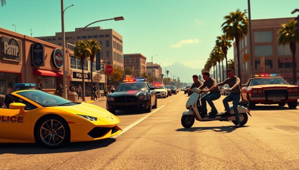 A sunny day in the bustling streets of Los Santos, where the chaos of Grand Theft Auto unfolds. In the foreground, a hapless pedestrian narrowly avoids colliding with a speeding sports car, their panicked expression frozen in a comedic moment. In the middle ground, a group of police officers fruitlessly chase a fleeing criminal, their siren blaring in the background. Amidst the commotion, a pair of bumbling criminals attempt to make a getaway on a malfunctioning scooter, their antics drawing amused onlookers. The scene is bathed in warm, golden lighting, capturing the vibrant, over-the-top atmosphere of the game. A perfect blend of absurdity and slapstick humor, reflecting the iconic "GTA" experience.