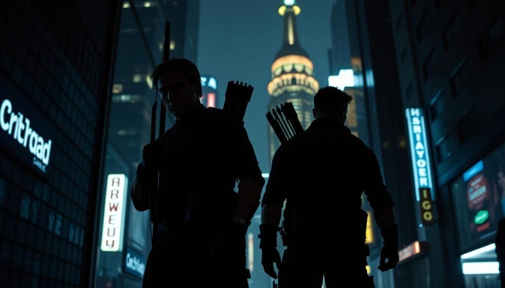 A superhero team-up in a dimly lit alley, Hawkeye stands alongside a fellow Marvel icon, their silhouettes cast in a moody, atmospheric light. The two archers, clad in tactical gear, survey their surroundings with a mixture of caution and determination. In the background, a cityscape of towering skyscrapers and neon-lit signage sets the stage for their clandestine meeting. The scene exudes a sense of mystery and high-stakes adventure, hinting at the epic crossover narrative to unfold. Cinematic angles and a muted color palette lend an air of cinematic grandeur to the composition.