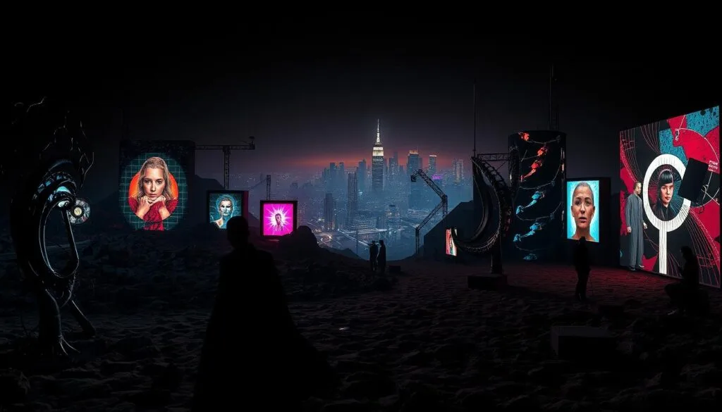A surreal and dreamlike landscape featuring artistic projects inspired by the dystopian themes of Black Mirror. In the foreground, twisted metal sculptures and digital glitch art installations cast long shadows, hinting at the darker undercurrents of technology. The middle ground showcases interactive light displays and holographic projections, their vivid colors and ethereal forms contrasting with the muted, industrial-inspired backdrops. In the distance, a sprawling city skyline rises up, its skyscrapers adorned with thought-provoking murals and installations that explore the societal impact of advanced technology. Dramatic lighting, ranging from moody chiaroscuro to glowing neon, creates an atmosphere of unease and introspection. The entire scene has a cinematic, high-contrast quality, evoking the unsettling visual style of the Black Mirror television series.
