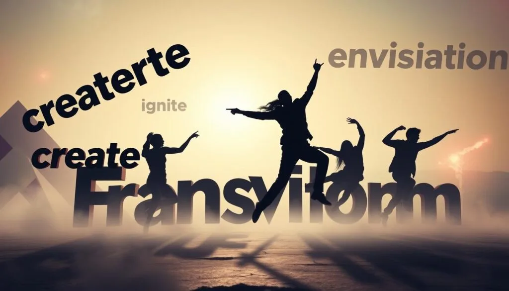 A surreal and dynamic composition depicting powerful action verbs for AI image prompts. In the foreground, bold typographic forms of verbs like "create", "transform", "ignite", and "envision" leap and swirl against a backdrop of abstract geometric shapes and ethereal lighting. The middle ground features silhouetted figures striking dynamic poses, their movements echoing the kinetic energy of the text. In the distance, a hazy landscape with glowing, otherworldly elements suggests the limitless potential of AI-generated imagery. The overall mood is one of creative inspiration and the transformative power of language to shape visual reality.