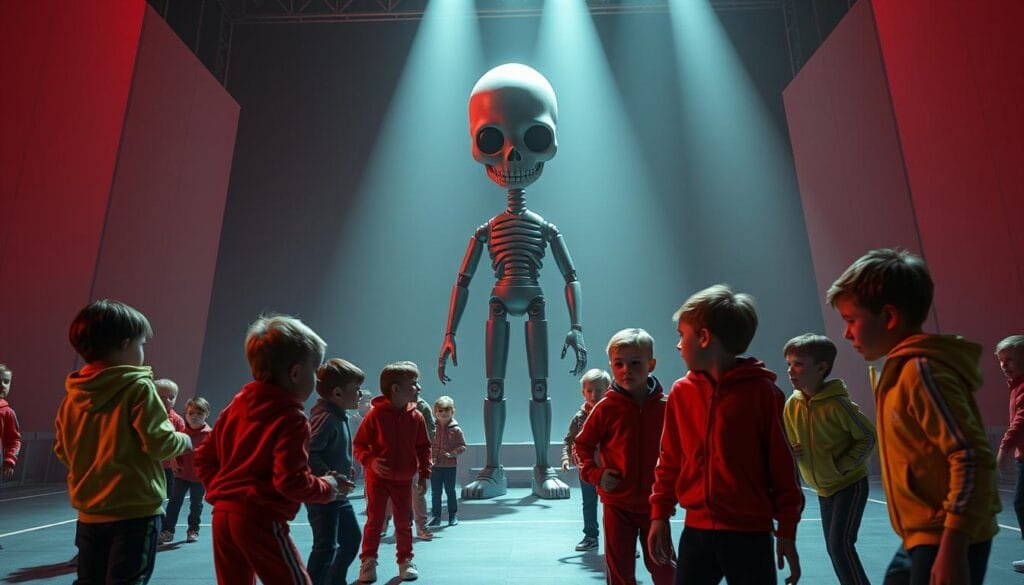 A surreal, cinematic scene of the iconic games from Squid Game. In the foreground, a group of children dressed in vibrant tracksuits play a high-stakes game of Red Light, Green Light, their faces frozen in tense concentration. In the middle ground, the towering, ominous doll watches over the proceedings, its hollow eyes and mechanical movements creating an atmosphere of unease. In the distant background, the geometric structures of the game arena loom, casting long shadows across the scene. The lighting is dramatic, with deep shadows and highlights that accentuate the stark contrast between the playful and the sinister. The overall mood is one of suspense, danger, and the unsettling juxtaposition of innocence and violence.