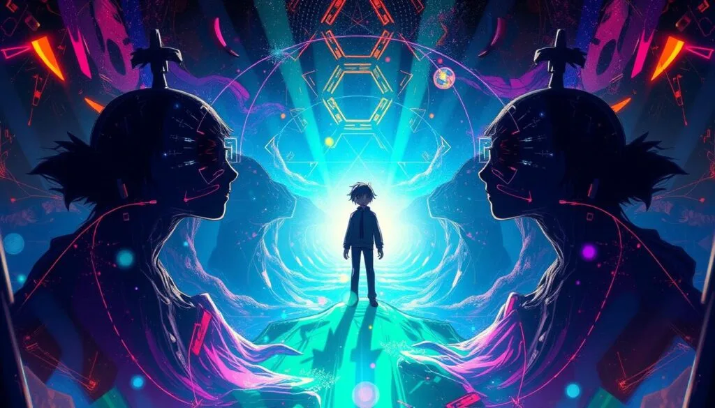 A surreal landscape of parallel dimensions converging, where the protagonist Mob from Mob Psycho 100 explores alternate versions of himself. A dreamlike blend of psychedelic colors and ethereal energy fields, with Mob's iconic silhouette transitioning through shifting realities. Dramatic lighting from multiple angles illuminates the scene, creating depth and a sense of mysticism. The background features abstract patterns and geometric structures, hinting at the complex tapestry of these parallel universes. An atmosphere of wonder and discovery permeates the image, inviting the viewer to ponder the infinite possibilities of Mob's extraordinary world. A surreal landscape of parallel dimensions converging, where the protagonist Mob from Mob Psycho 100 explores alternate versions of himself. A dreamlike blend of psychedelic colors and ethereal energy fields, with Mob's iconic silhouette transitioning through shifting realities. Dramatic lighting from multiple angles illuminates the scene, creating depth and a sense of mysticism. The background features abstract patterns and geometric structures, hinting at the complex tapestry of these parallel universes. An atmosphere of wonder and discovery permeates the image, inviting the viewer to ponder the infinite possibilities of Mob's extraordinary world.