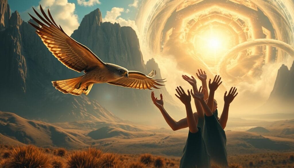 A surreal, photorealistic illustration of common mistakes made when crafting prompts to generate images of a falcon. In the foreground, a falcon takes flight, its feathers shimmering in the warm, golden sunlight. In the middle ground, a jumble of disembodied human hands gesture erratically, representing the struggle to create an effective prompt. The background depicts a dreamlike landscape, with towering mountains and a swirling, abstract sky filled with fragmented visual elements. The scene has a sense of tension and unease, conveying the challenges of mastering the art of prompt engineering for AI-generated falcon imagery.