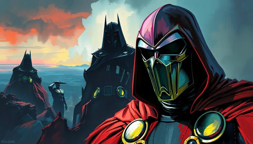 A surreal, unconventional interpretation of Doctor Doom in a variety of avant-garde artistic styles. In the foreground, the iconic iron mask and cape are rendered in an abstract, expressionistic manner, with bold, gestural brushstrokes and a vibrant, almost neon color palette. The middle ground features a fragmented, cubist-inspired interpretation of Doom's iconic silhouette, with jagged, angular forms and a sense of disjointed, fractured reality. In the background, a dreamlike, surrealist landscape unfolds, with surreal, phantasmagorical elements that evoke a sense of the uncanny and the bizarre. The lighting is dramatic, with dramatic chiaroscuro effects and an almost cinematic quality. The overall mood is one of unsettling, unconventional power and allure. A surreal, unconventional interpretation of Doctor Doom in a variety of avant-garde artistic styles. In the foreground, the iconic iron mask and cape are rendered in an abstract, expressionistic manner, with bold, gestural brushstrokes and a vibrant, almost neon color palette. The middle ground features a fragmented, cubist-inspired interpretation of Doom's iconic silhouette, with jagged, angular forms and a sense of disjointed, fractured reality. In the background, a dreamlike, surrealist landscape unfolds, with surreal, phantasmagorical elements that evoke a sense of the uncanny and the bizarre. The lighting is dramatic, with dramatic chiaroscuro effects and an almost cinematic quality. The overall mood is one of unsettling, unconventional power and allure.