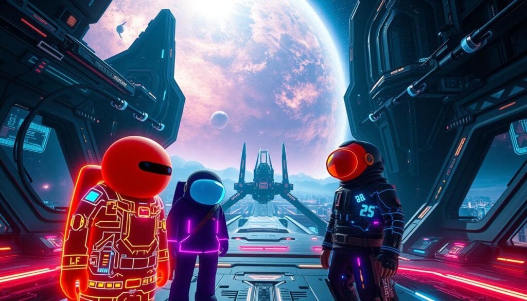 A surreal, visually striking scene depicting the iconic characters from the game "Among Us" in a futuristic, sci-fi setting. The foreground features the Among Us crewmates in vivid detail, their familiar shapes and colors accentuated by a complex network of glowing, neon-like energy fields and holographic interfaces. The middle ground showcases an advanced, space-age environment with sleek, angular architecture, floating platforms, and pulsing data streams. The background immerses the viewer in a vast, cosmic landscape, with swirling nebulae, distant planets, and a mesmerizing, otherworldly atmosphere. Dramatic lighting, dynamic camera angles, and a sense of depth and scale combine to create a captivating, visually sophisticated interpretation of the Among Us universe.