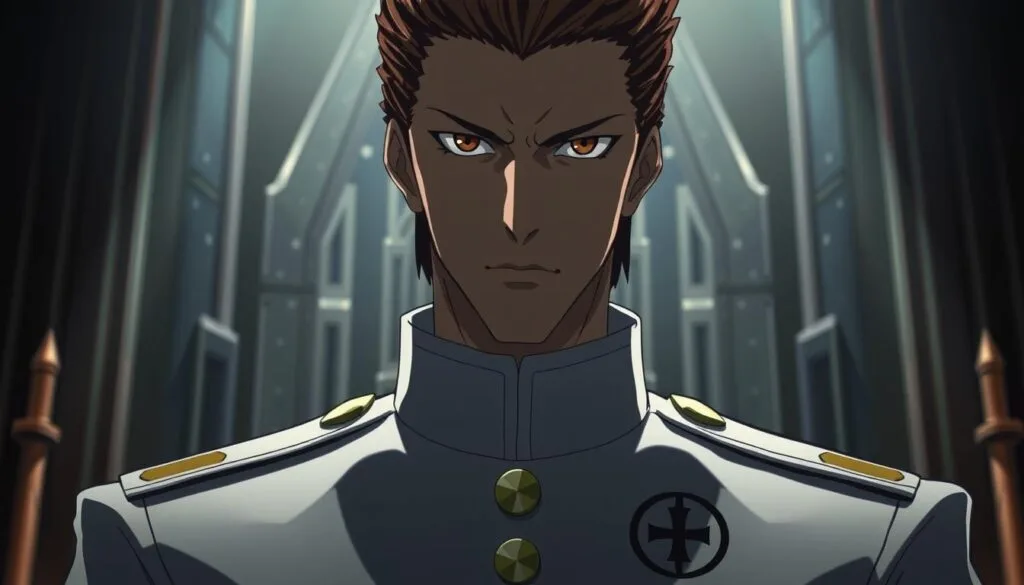 A tall, imposing figure with piercing brown eyes and slicked-back brown hair stands before a backdrop of a dimly lit, gloomy throne room. His expression is one of cold calculation, exuding an aura of cunning and manipulation. He wears a pristine white uniform, the symbol of the Espada etched upon it, hinting at his position of power within the Arrancar army. The lighting casts dramatic shadows, heightening the sense of foreboding and the villainous nature of this character, Sosuke Aizen. A tight, medium-close-up shot captures the details of his face and uniform, with a slight low-angle perspective to emphasize his commanding presence.