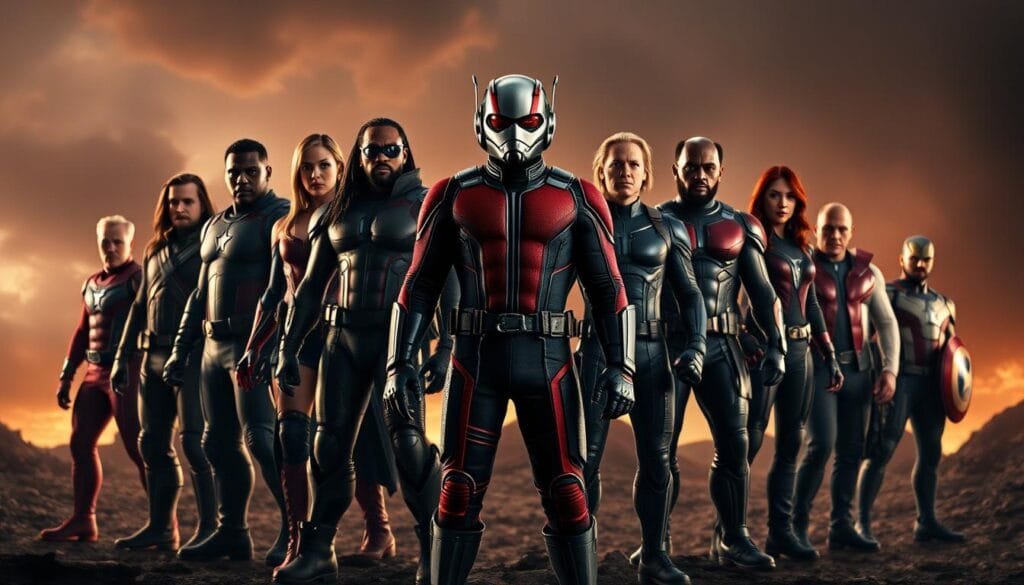 A team of Avengers, including Ant-Man, stands united in a heroic pose against a dramatic backdrop. Ant-Man, in his signature red and black suit, stands at the center, his size-shifting abilities on full display. Surrounding him are his fellow Avengers, each with their own unique powers and abilities, ready to face any challenge. The scene is bathed in a warm, cinematic lighting that casts dramatic shadows, adding to the sense of tension and excitement. The perspective is slightly elevated, allowing the viewer to take in the full scope of the assembled heroes. The overall mood is one of determination, camaraderie, and the unwavering spirit of the Avengers as they prepare to take on a formidable foe.