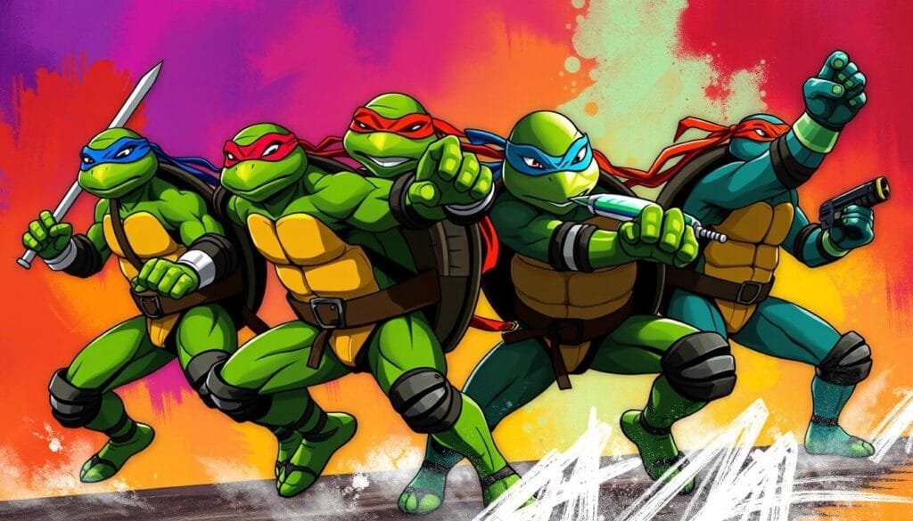 A team of four anthropomorphic turtle warriors, each with distinct color-coded masks and personalities, engaged in dynamic action poses against a vibrant, stylized backdrop. The Teenage Mutant Ninja Turtles are portrayed in a variety of artistic mediums, from a classic comic book aesthetic to an impressionistic, painterly style, a retro 8-bit video game look, and a modern, hyper-detailed digital illustration. Dramatic lighting, varied camera angles, and a sense of movement and energy capture the turtles' agility and camaraderie as they battle unseen foes. The overall composition showcases the turtles' iconic designs while exploring diverse artistic interpretations.