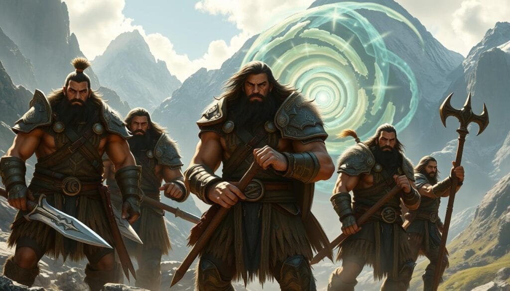 A team of mighty earth warriors, clad in rugged armor and wielding fierce weapons, stand resolute in a majestic mountain landscape. Sunlight filters through towering peaks, casting dramatic shadows across their determined faces. The warriors' eyes burn with the spirit of the earth, their muscles coiled with raw power. In the background, a swirling vortex of elemental energy pulses, harnessing the primal forces of nature. This is a scene of epic proportions, a testament to the unwavering strength and unwavering resolve of the Guardians of the Kingdom of Earth.