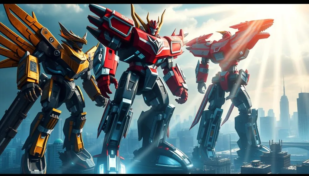 A team of towering Zords and Megazords, intricate mechanical titans with gleaming metal frames, towering over a cityscape of skyscrapers and bustling streets. The Zords, each with their distinct animal-inspired designs, stand ready to combine into a colossal Megazord, its imposing form casting a shadow over the urban landscape. Dramatic lighting illuminates the scene, with beams of light cutting through the air, lending an air of power and grandeur to the mighty robotic warriors. The composition emphasizes the scale and might of these legendary mecha, capturing the awe-inspiring spectacle that has captivated generations of Power Rangers fans.