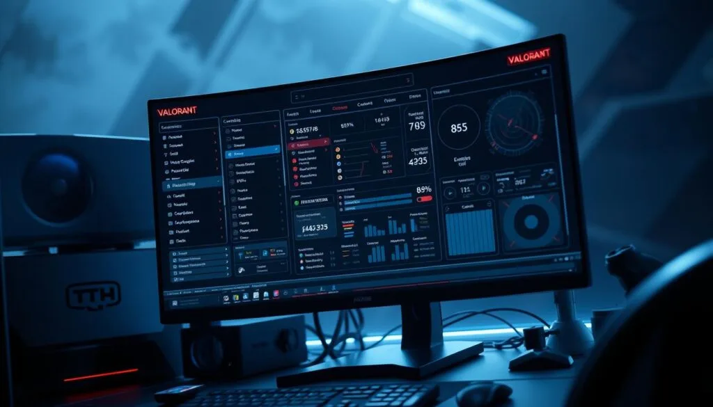 A technologically advanced Valorant HUD displayed on a futuristic computer monitor, with various customizable settings, command prompts, and data visualizations. The interface is sleek and minimalist, with a dark color scheme and neon accents. The monitor is mounted on a high-tech desk, surrounded by cutting-edge equipment and peripherals. Diffused lighting casts an atmospheric glow, creating a sense of depth and mood. The overall scene conveys the idea of an expert Valorant player fine-tuning their gameplay through advanced prompt engineering techniques.